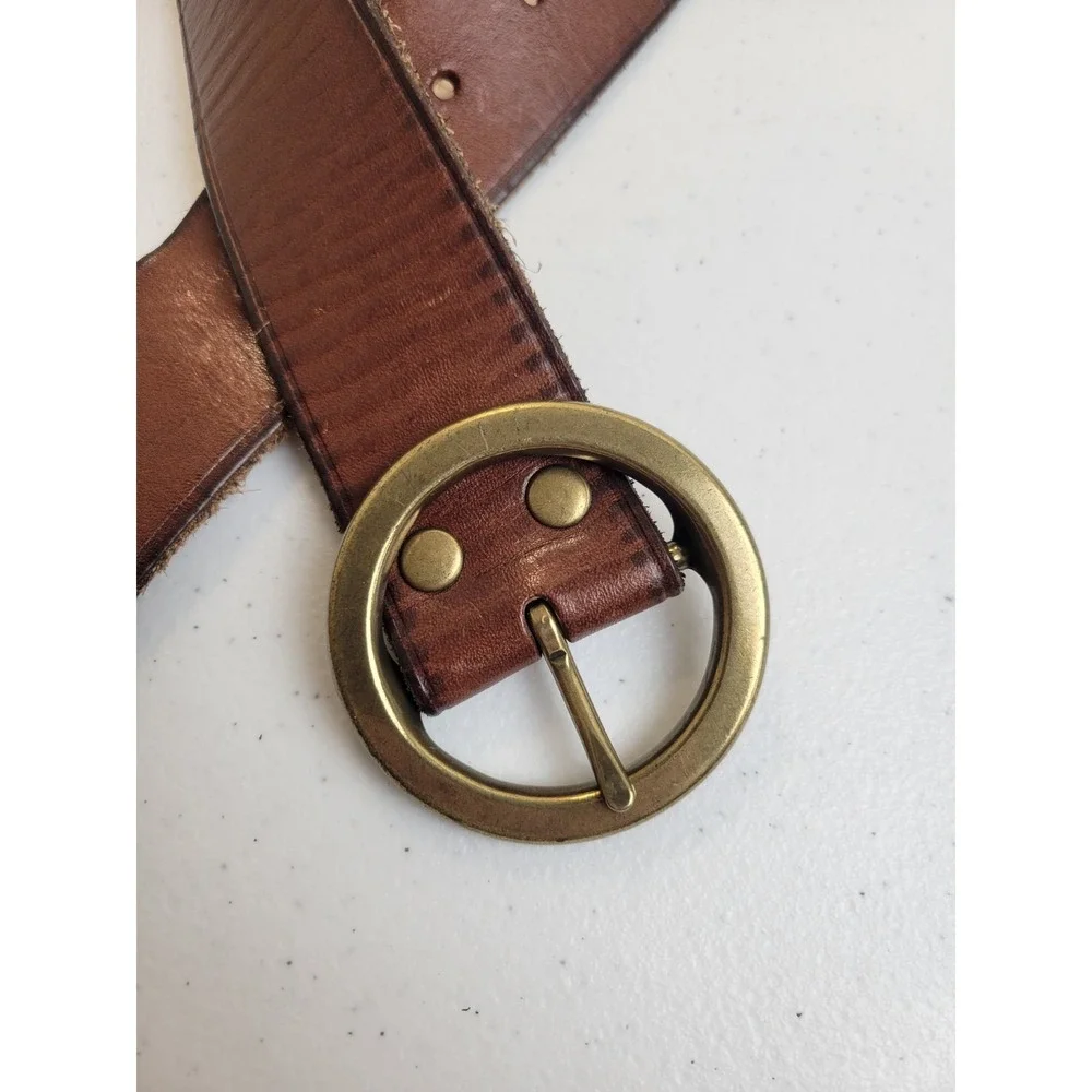 Mossimo Leather Belt Boho Western Woven Whipstitch Brass Buckle Brown 32 in